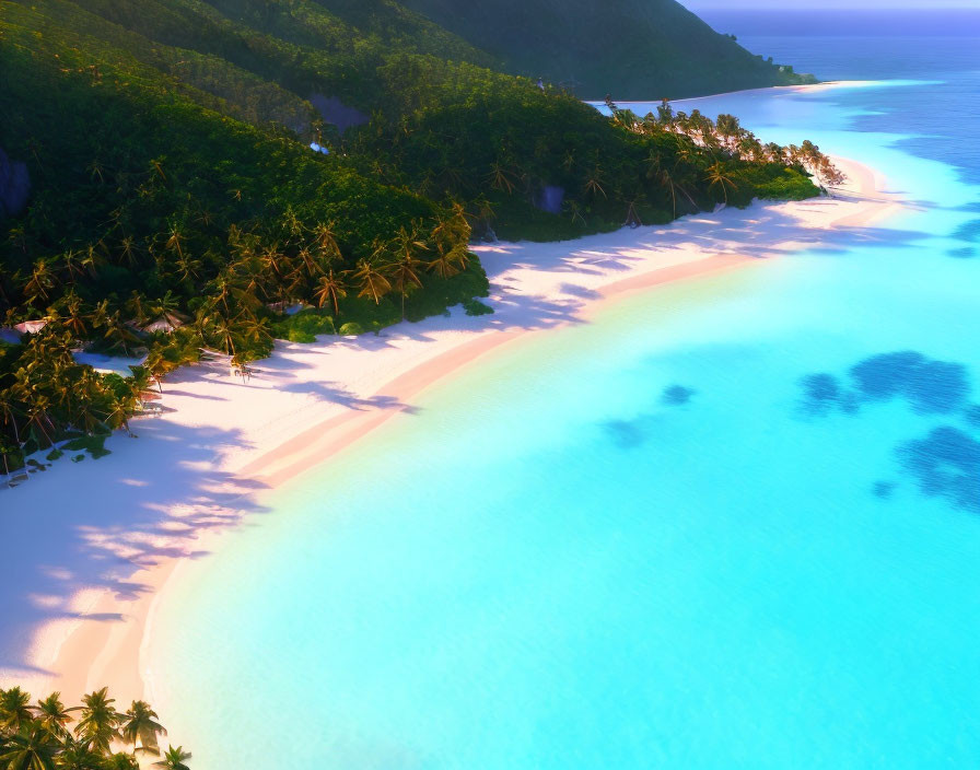 Tropical Beach with White Sands, Greenery, and Blue Waters