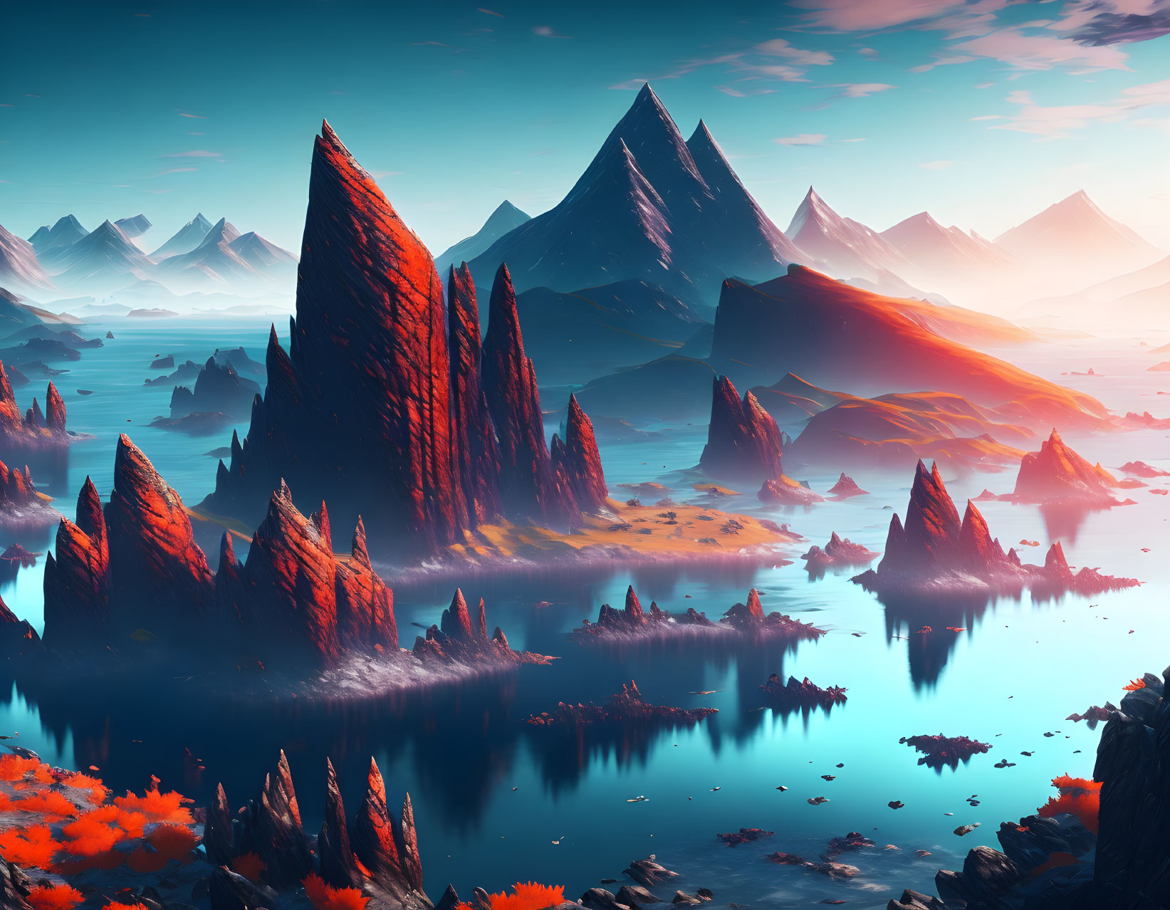 Digital artwork of mystical landscape with red foliage, sharp peaks, calm waters, vibrant sunrise