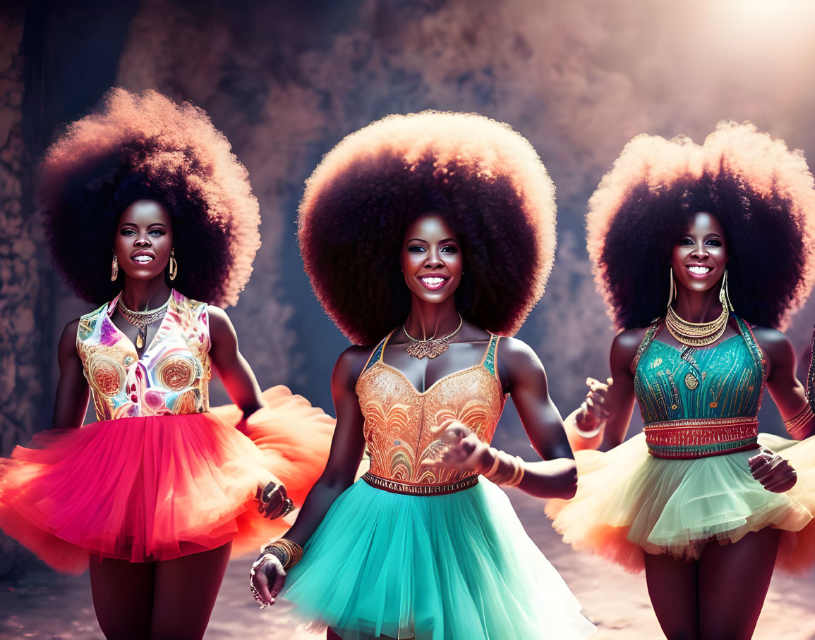 Three women with large afros in colorful attire pose against moody backdrop