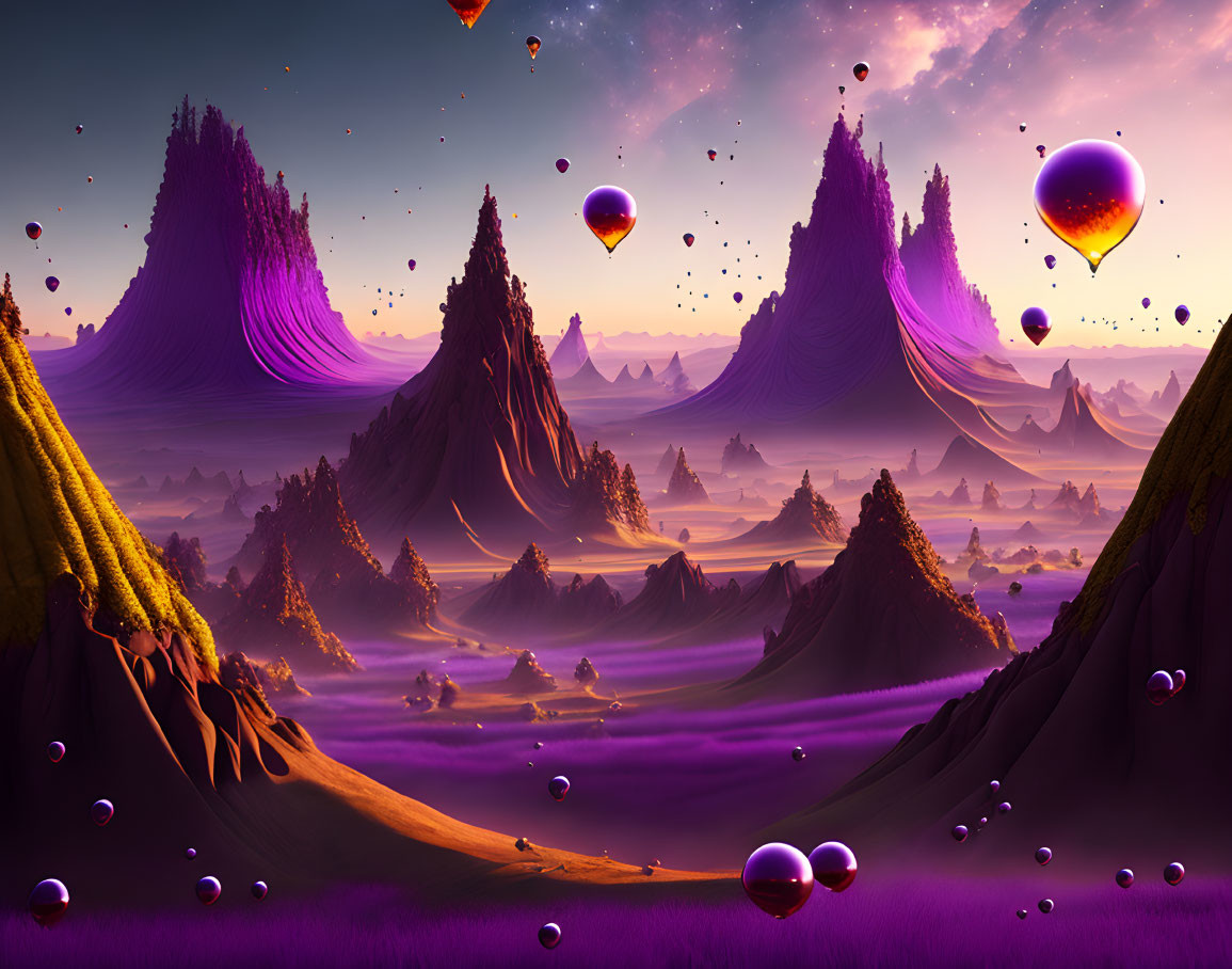 Fantasy landscape: Purple mountains, hot air balloons, shiny orbs in mystical twilight