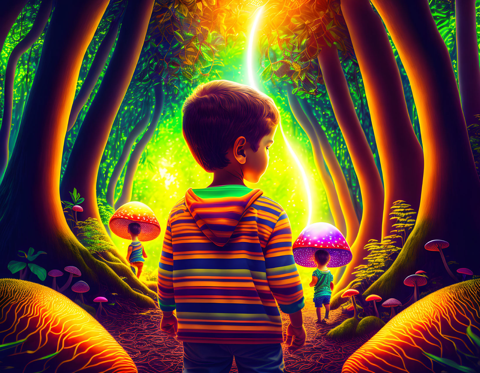 Boy in Striped Shirt Stands in Vibrant Fantasy Forest