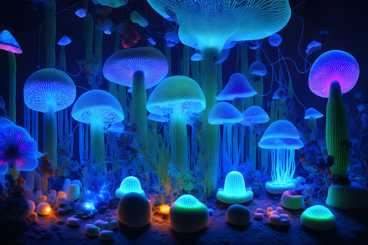 Neon-lit artificial jellyfish and mushrooms in dark setting