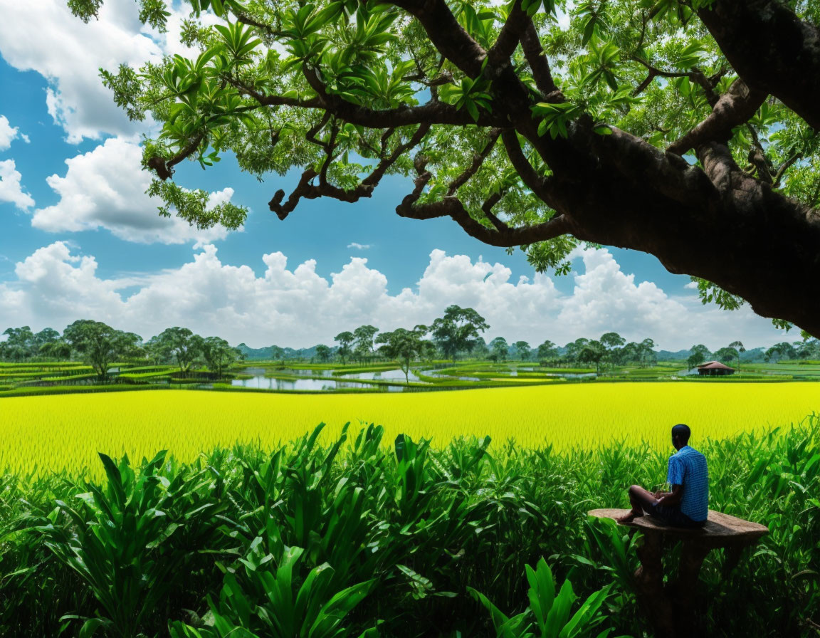 Person sitting on wooden bench by lush rice field and water body under blue sky