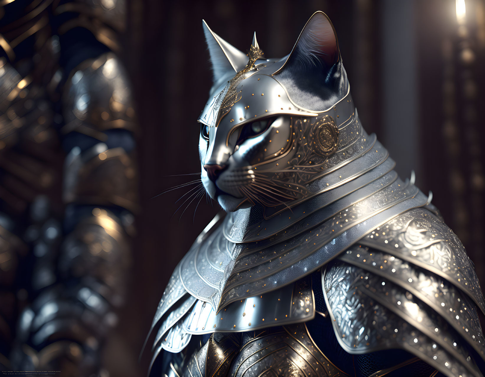 Digital artwork: Cat in intricate metallic armor with crown-like adornment