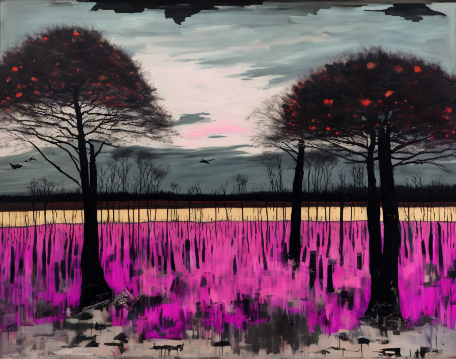 Twilight landscape painting with red trees and silhouetted birds