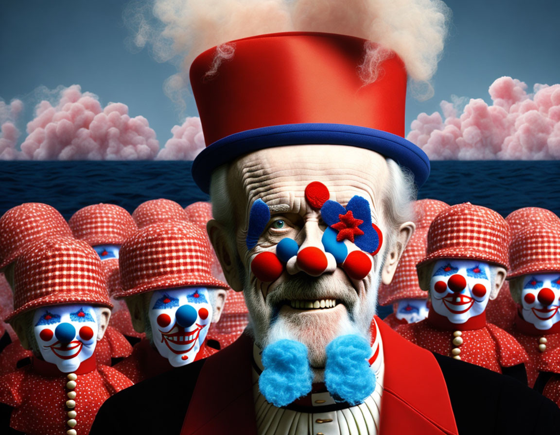 Ringmaster in clown makeup surrounded by clown figures under cloudy sky