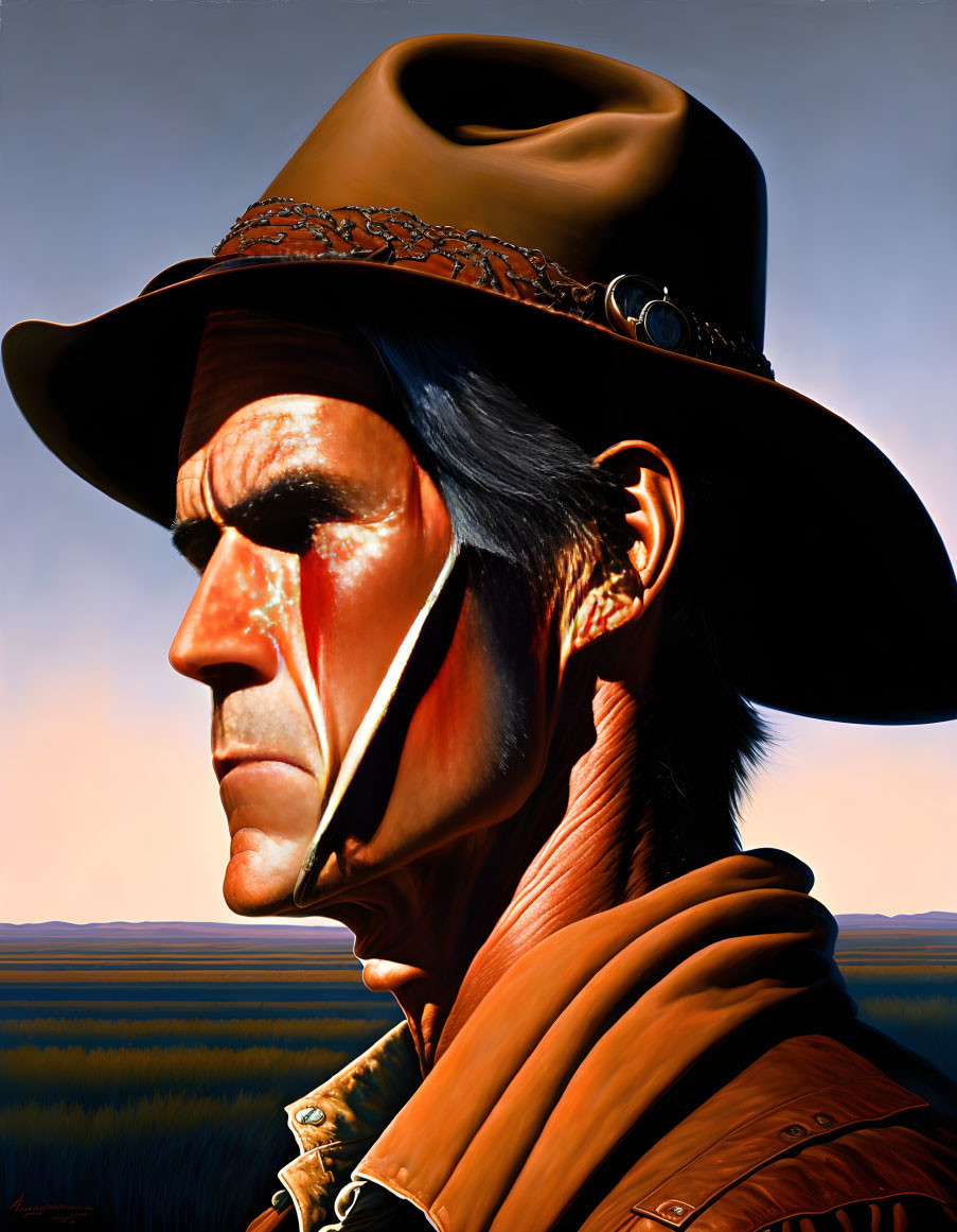 Detailed painting of stern man in cowboy hat & leather jacket against flat horizon