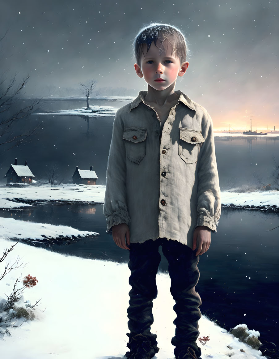 Child in snowy landscape at twilight with snow-dusted hair, wearing oversized shirt.