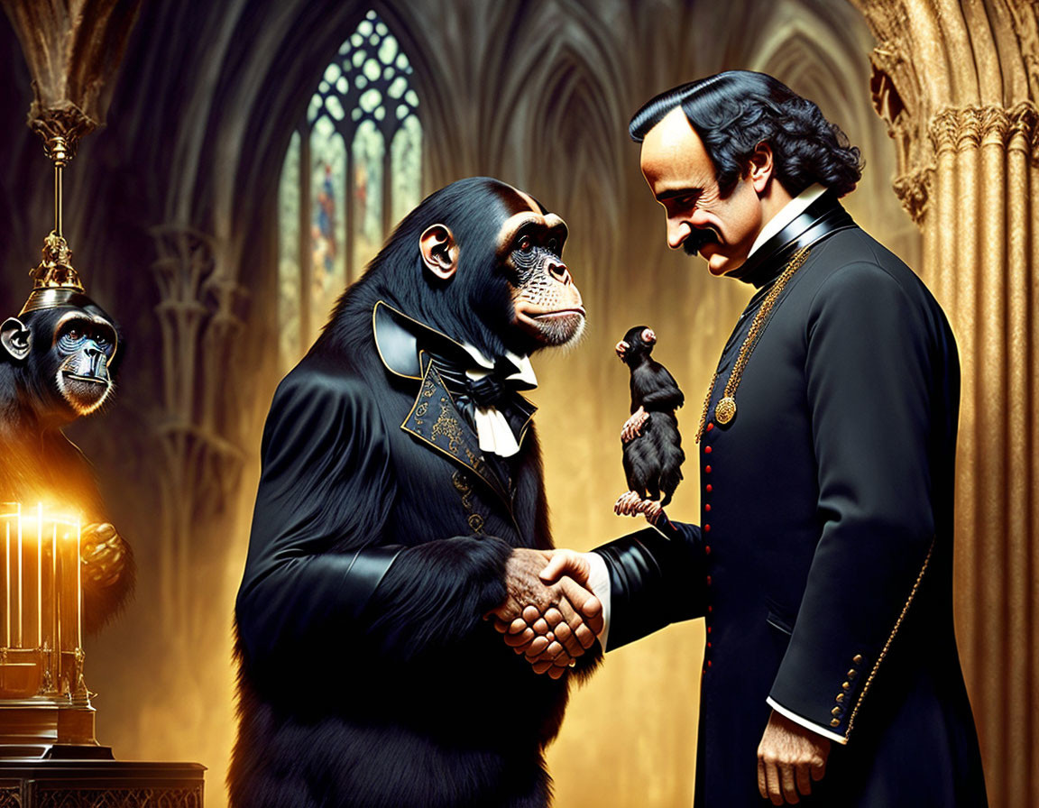 Chimpanzee and Bird Handshake in Gothic Room