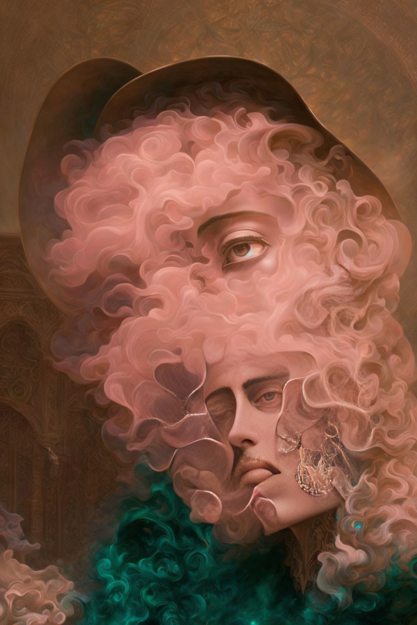 Surreal portrait of person with melting face and pink teal smoke in ornate background