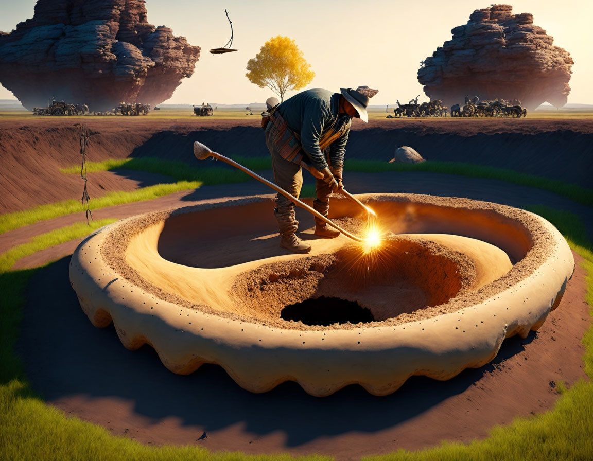 Person welding large doughnut-shaped object on plain with rock formations and wildebeests.