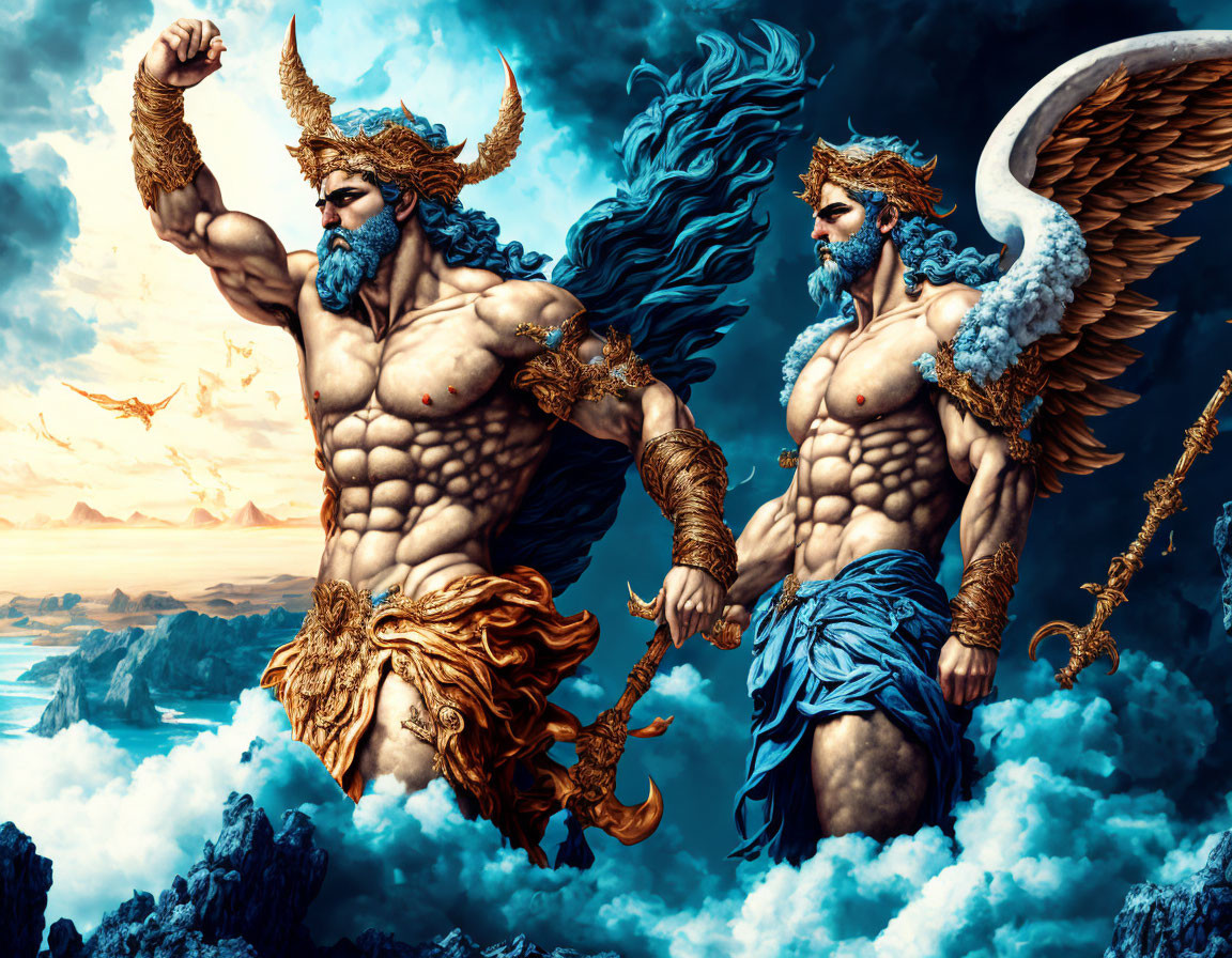 Muscular mythical male figures in ornate armor with wings against dramatic sky