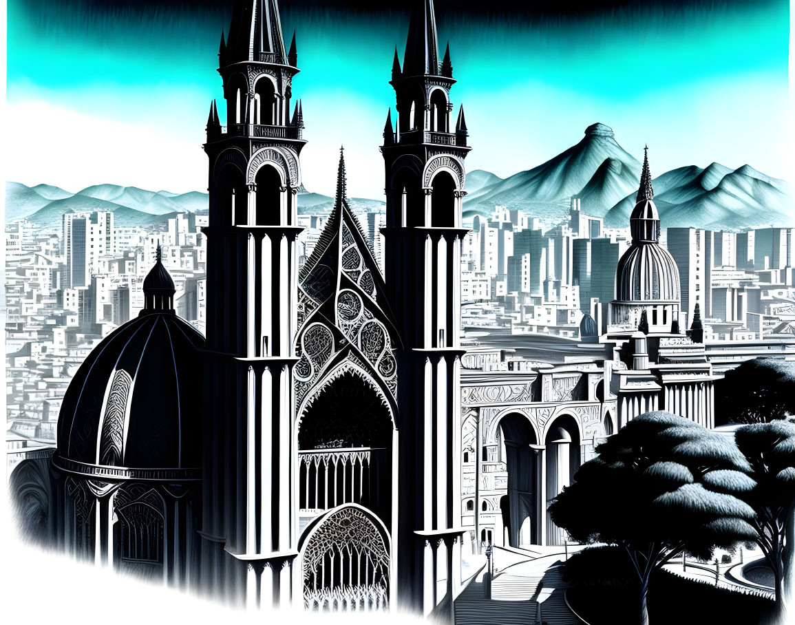 Fantastical black and white cityscape with Gothic and modern architecture