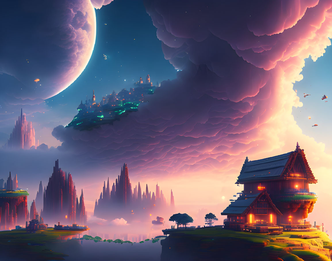 Fantastical dusk landscape with floating islands and giant moon