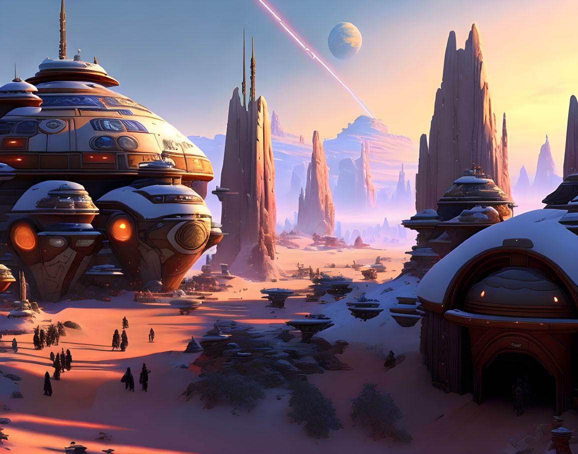 Futuristic desert cityscape with towering spires and dome-shaped buildings at sunset