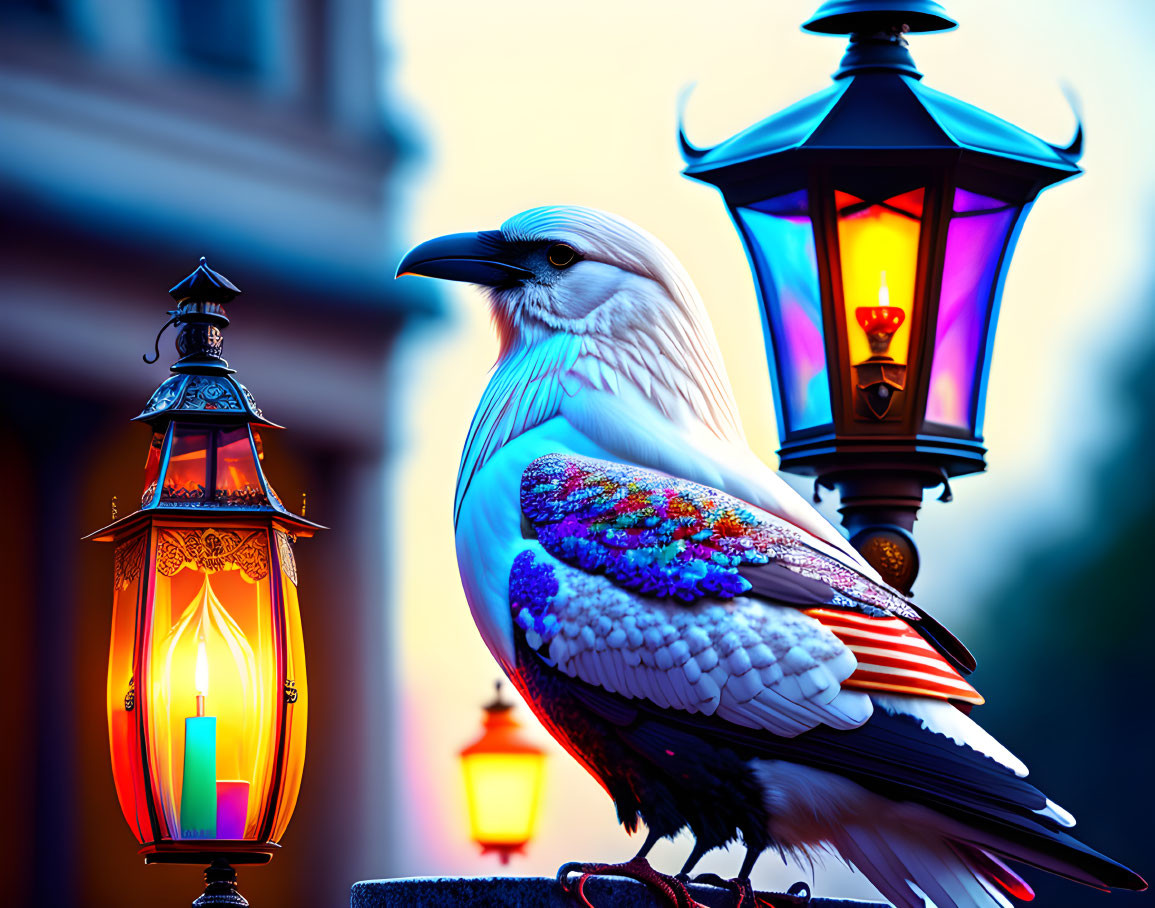 Colorful pigeon perched between glowing lanterns on blue sky