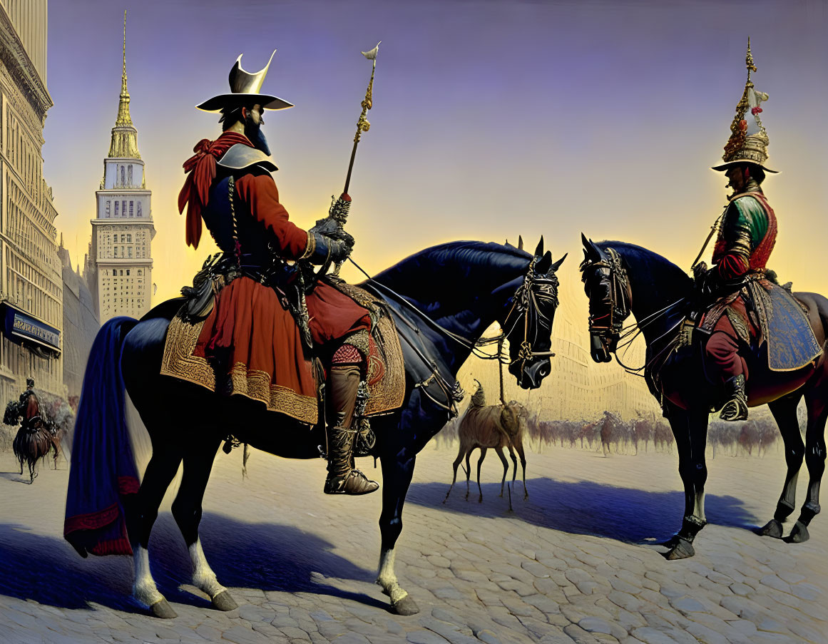 Elaborately Dressed Figures on Horses in Modern Cityscape