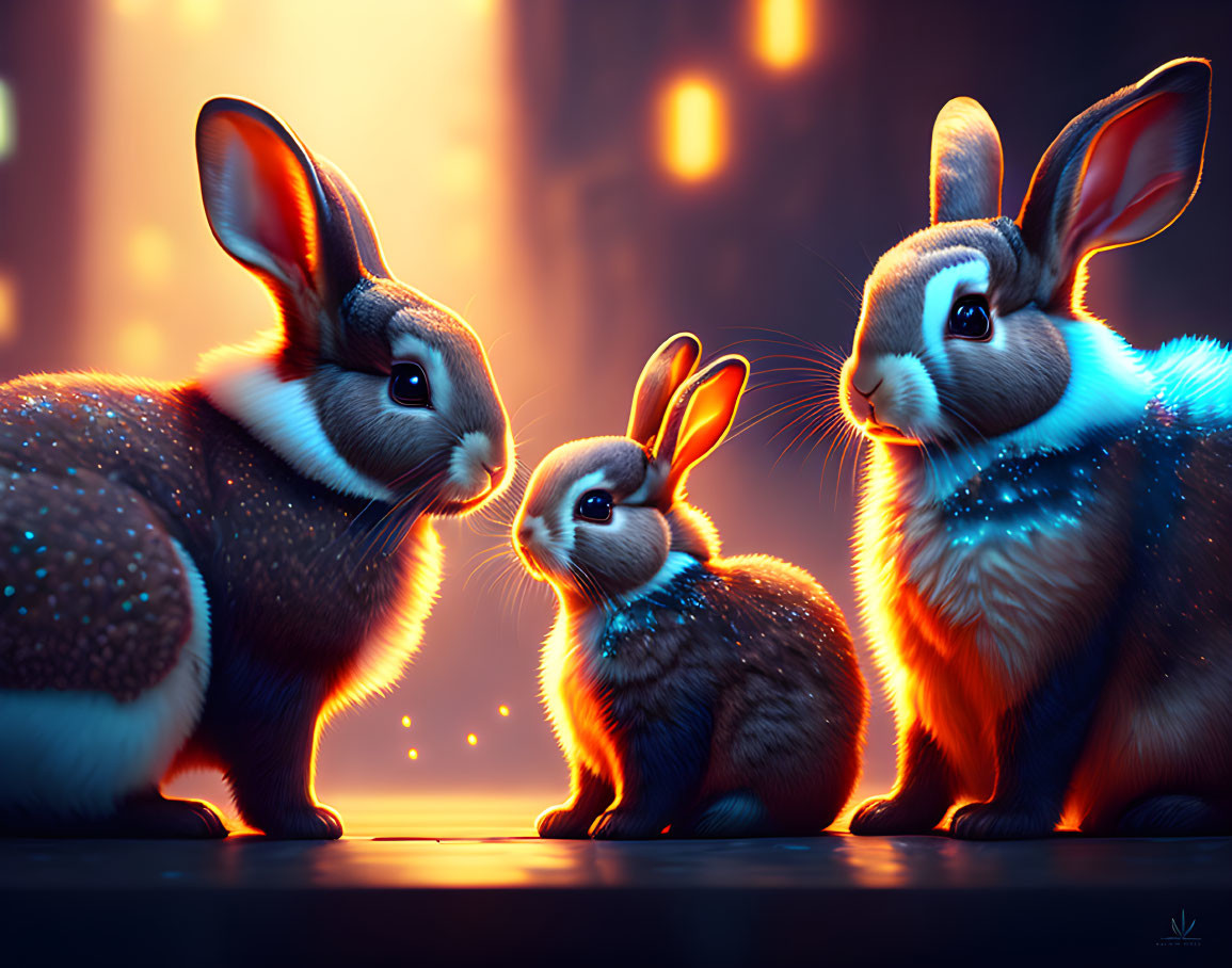 Three Glowing Rabbits in Mystical Nightfall Scene