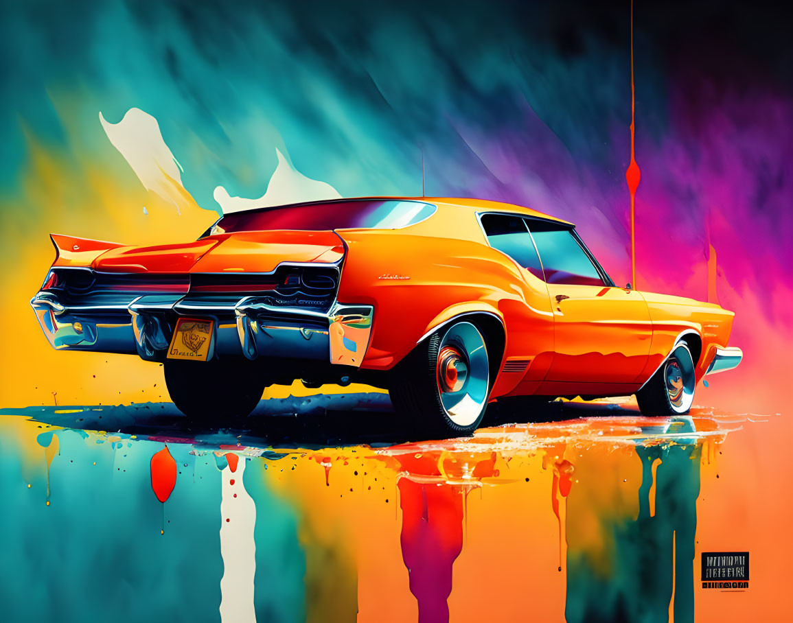 Colorful Abstract Artwork Featuring Orange Muscle Car