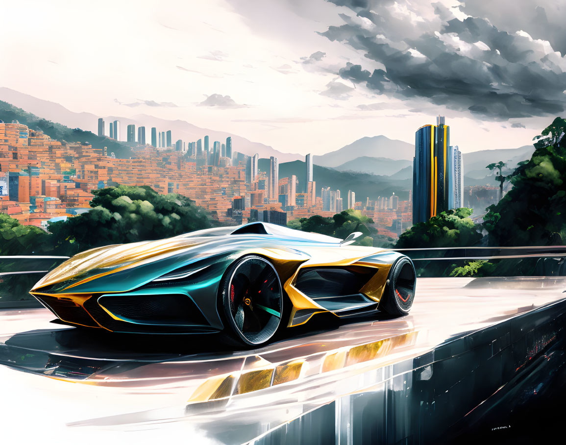 Futuristic car in cityscape with sleek design and colorful skyline