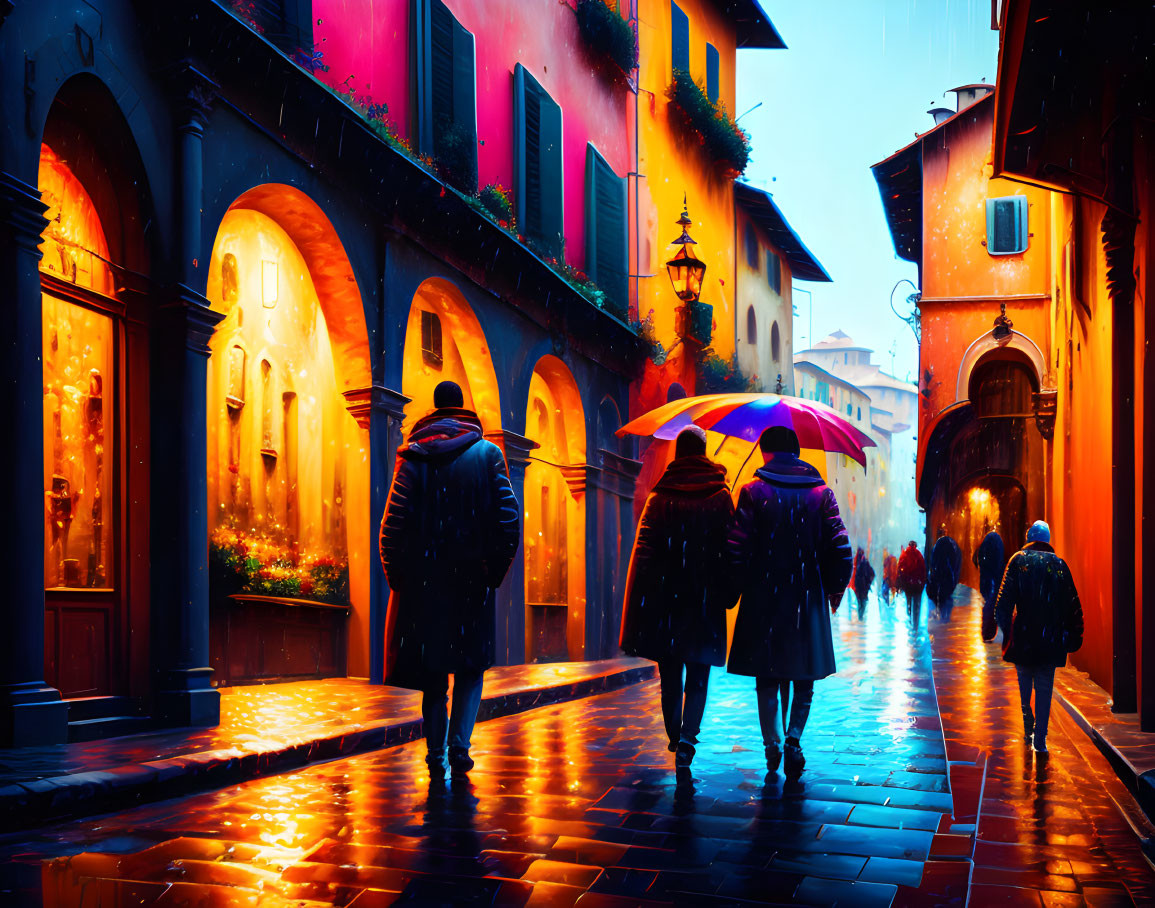 Rainy Evening Scene: People with Umbrellas on Wet Cobblestone Street