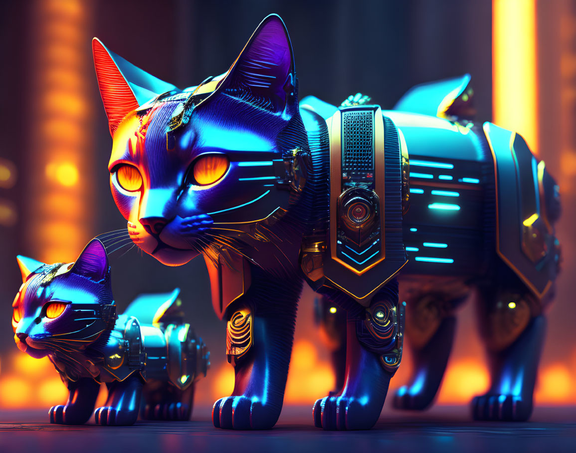 Futuristic robotic cats with blue and gold accents in neon-lit setting