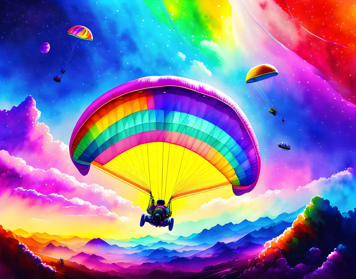 Vibrant paragliders over rolling hills and starry sky