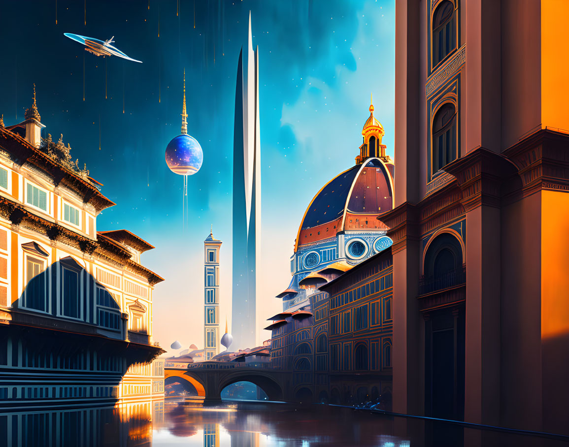 Cityscape with classical architecture and sci-fi elements, including spire, flying vehicles, and celestial body