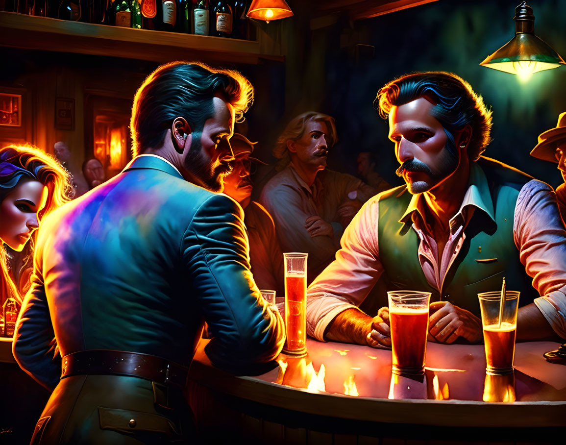 Men in intense conversation at dimly lit bar with onlookers and drinks.