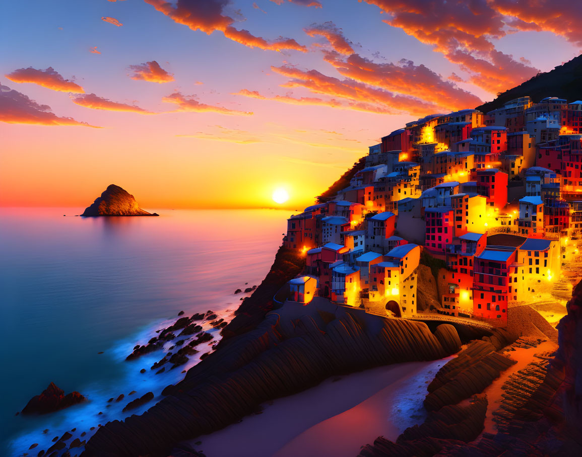 Scenic coastal village with colorful buildings at sunset