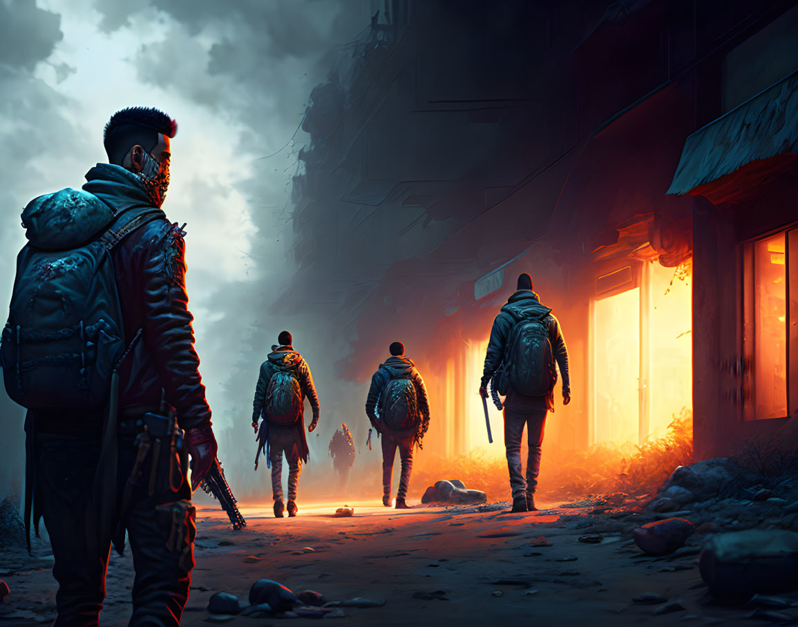 Four armed individuals in a post-apocalyptic setting with fiery glow and rubble.