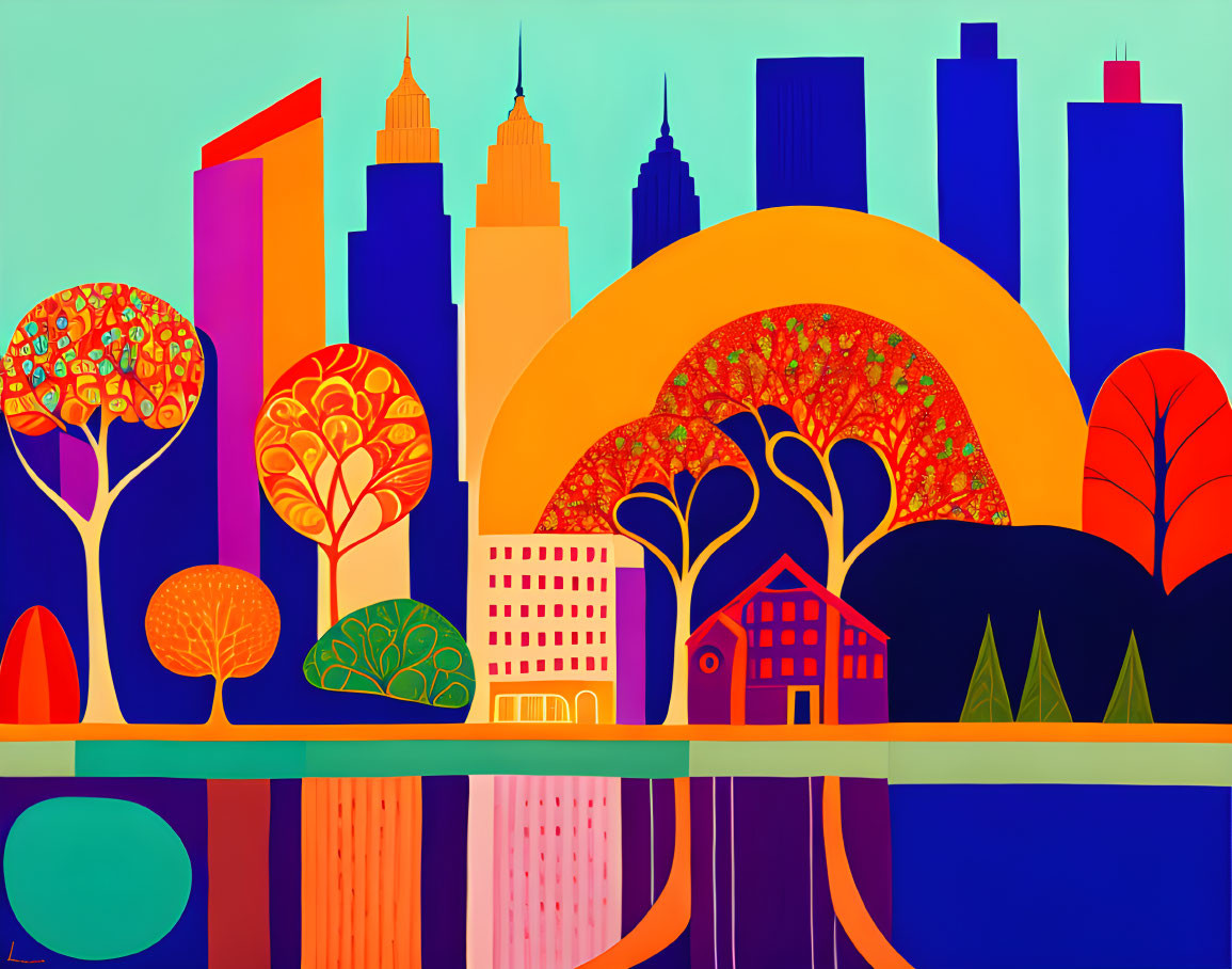 Vibrant cityscape with colorful trees, buildings, and sun on turquoise sky