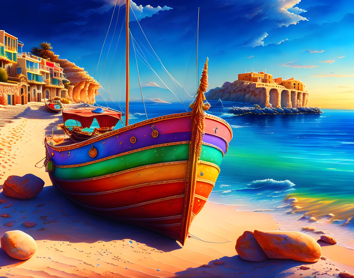 Colorful Boat on Sandy Beach with Coastal Village and Sunset Sky