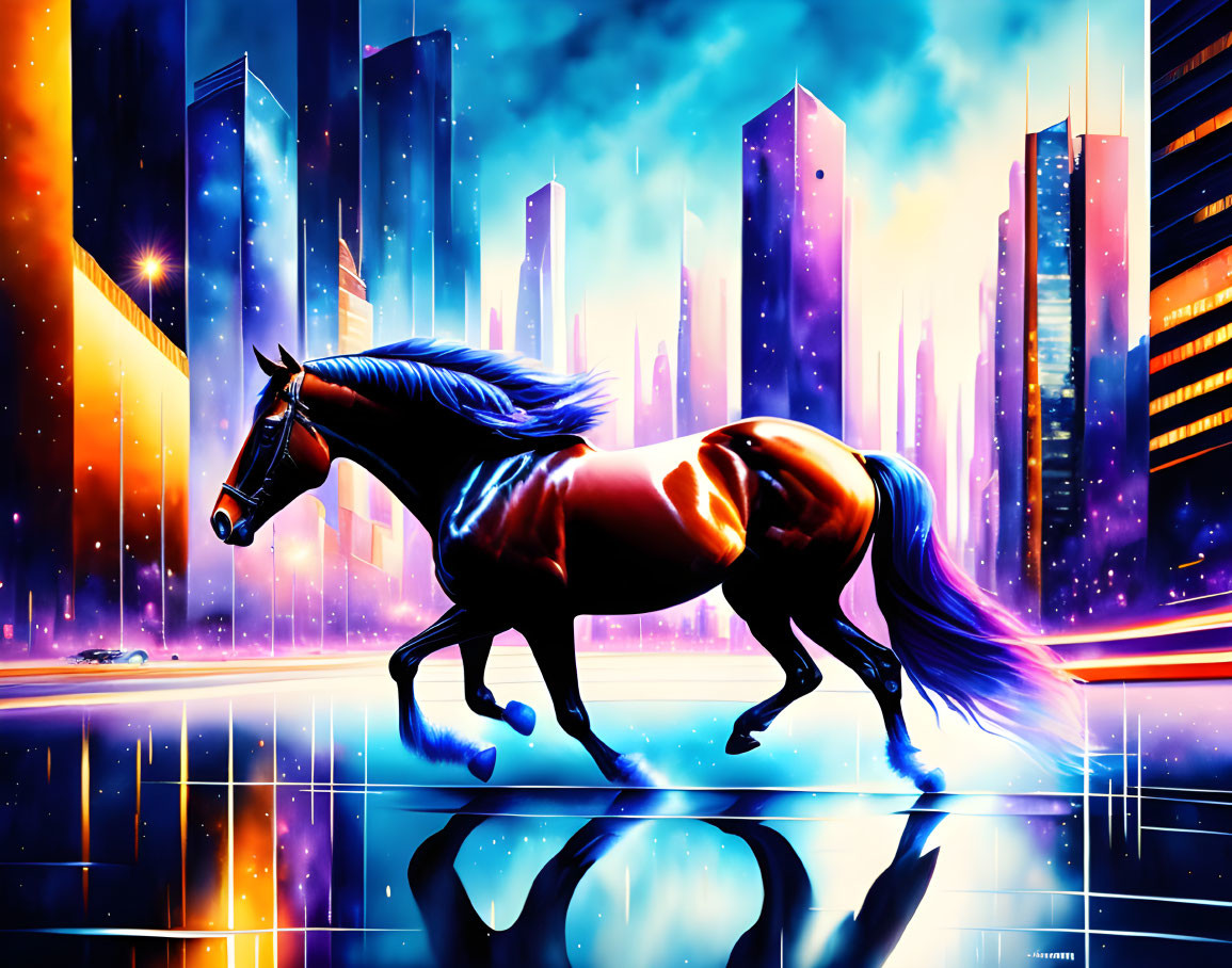 Majestic horse galloping in futuristic cityscape with neon lights