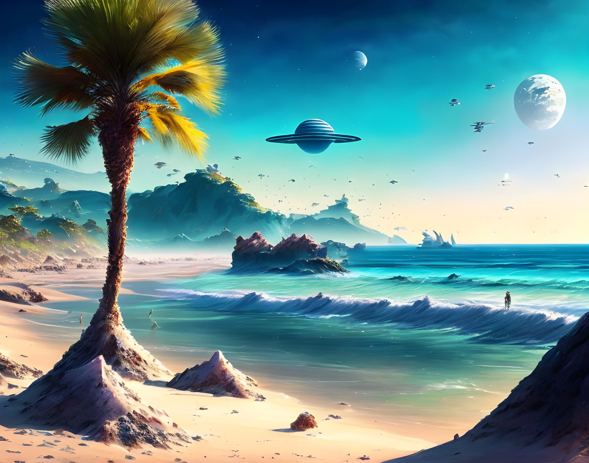 Serene beach landscape with palm tree, waves, rocks, and person under planetary sky