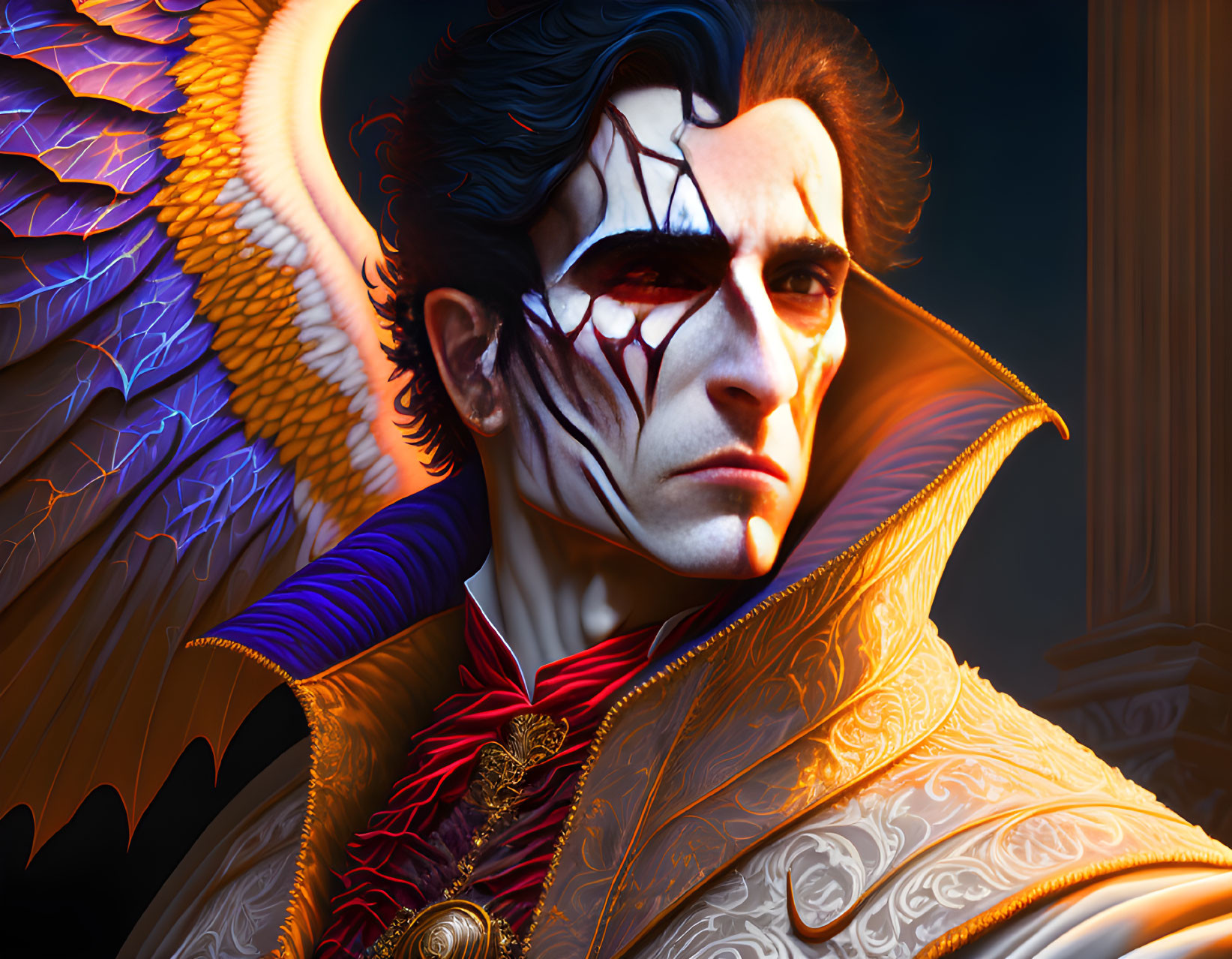 Male character with dark hair, cracked face, ornate armor, and colorful wings in dramatic setting