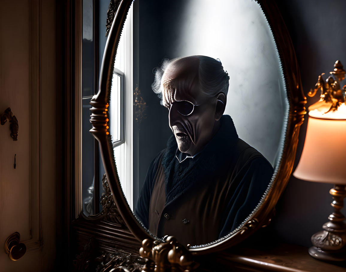 Man with White Hair and Sunglasses Reflecting in Ornate Mirror