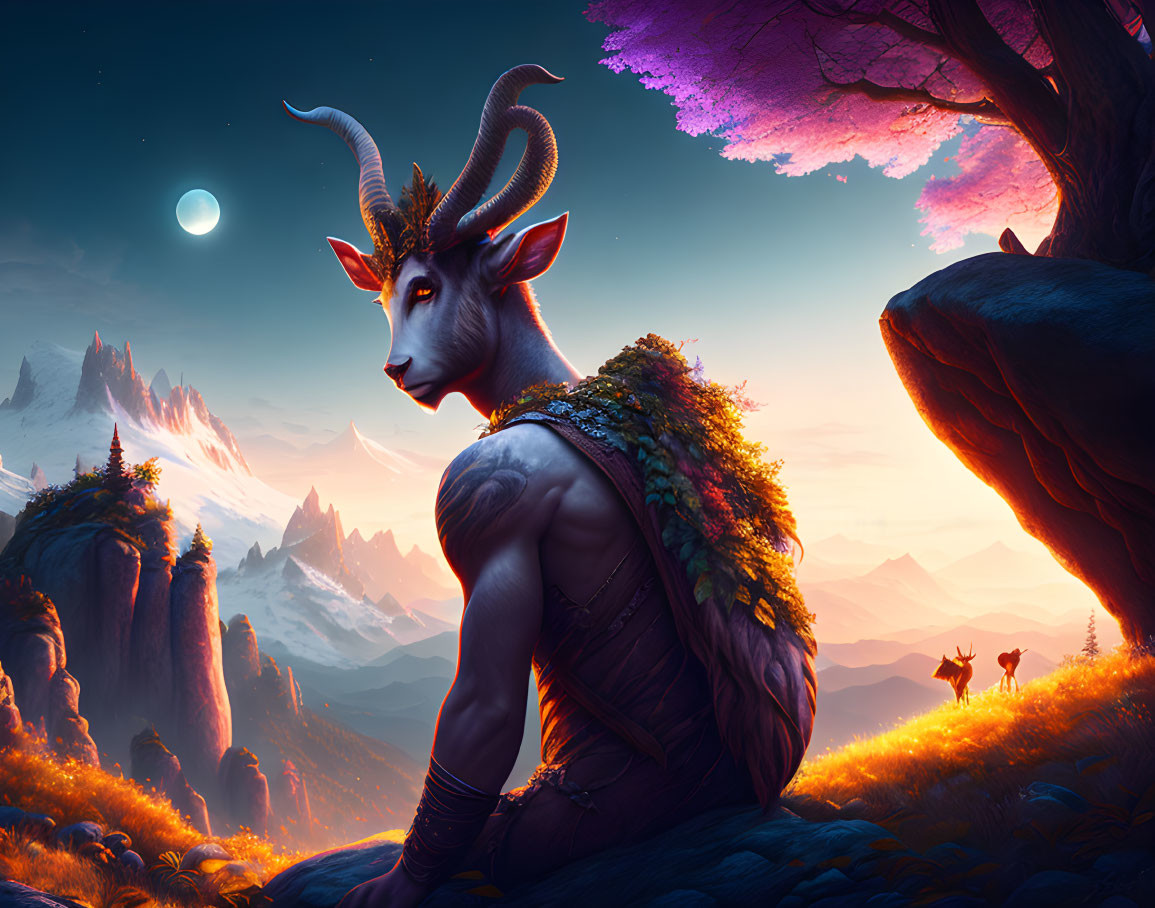 Fantasy creature with goat's head in vibrant landscape