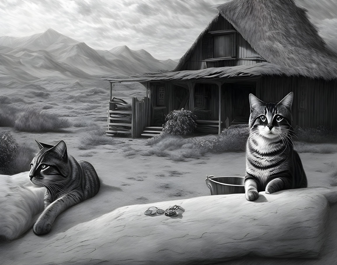 Two cats in monochromatic countryside with thatched-roof cottage, mountains, and bucket.