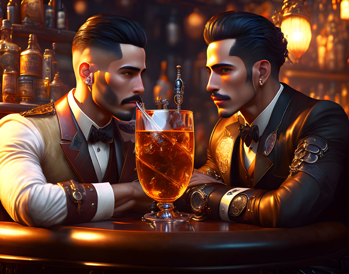 Two animated men in vintage outfits at a warmly lit bar with a large beverage