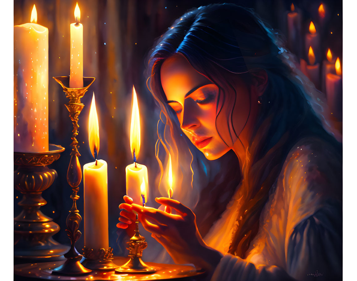 Serene woman with candles in dimly lit space