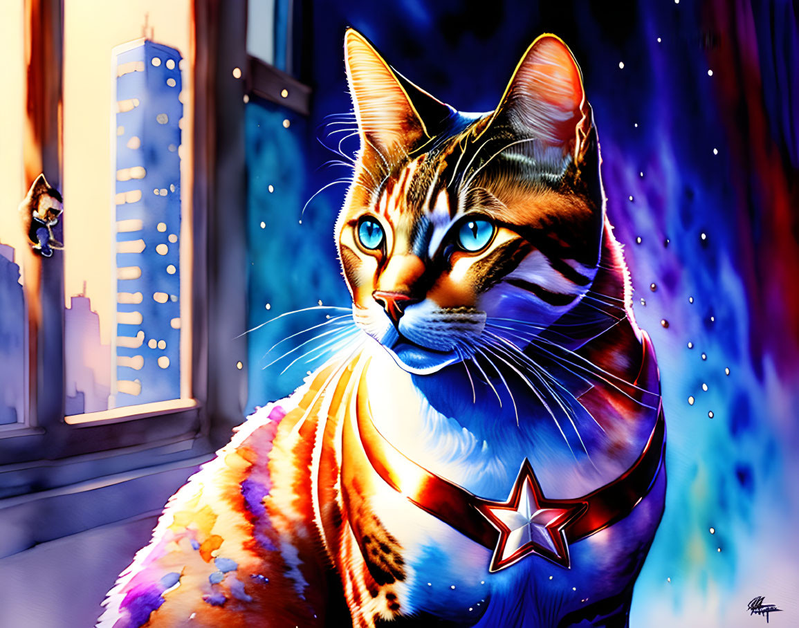 Colorful Cat Illustration with Superhero Cape and Cityscape Background