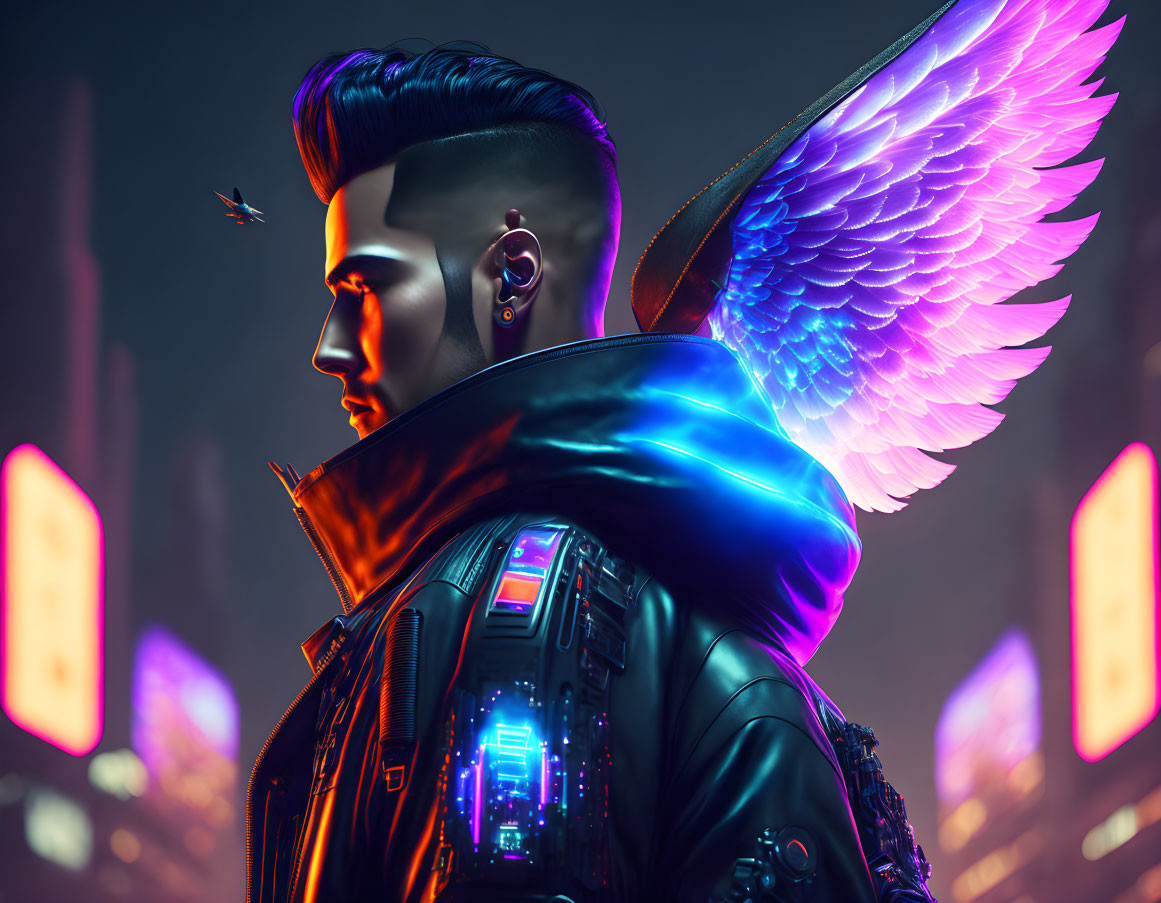 Digital Art: Person with Mohawk, Cybernetic Elements, and Luminous Wings in Neon