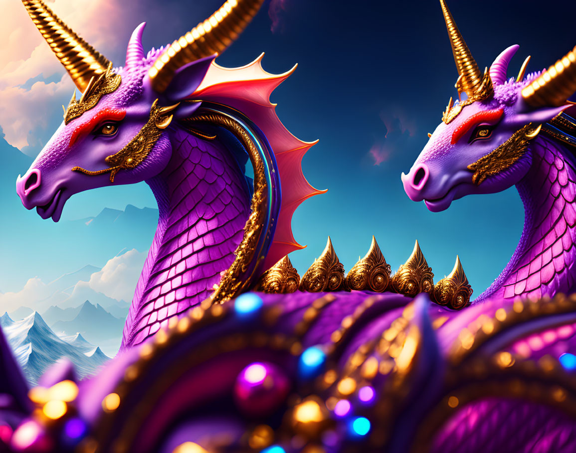 Two vibrant purple and gold dragons with horns and scales against a mountain backdrop