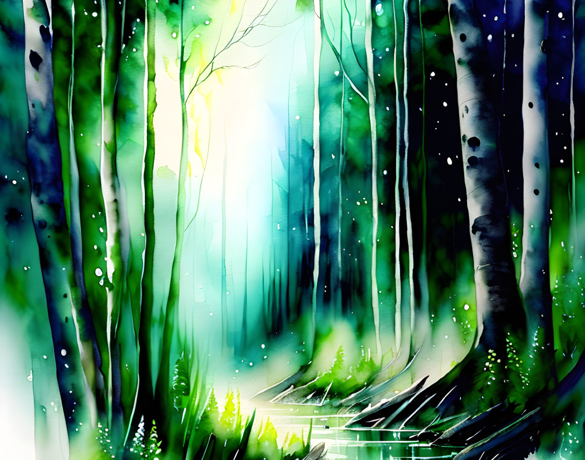 Misty forest watercolor painting with vibrant colors