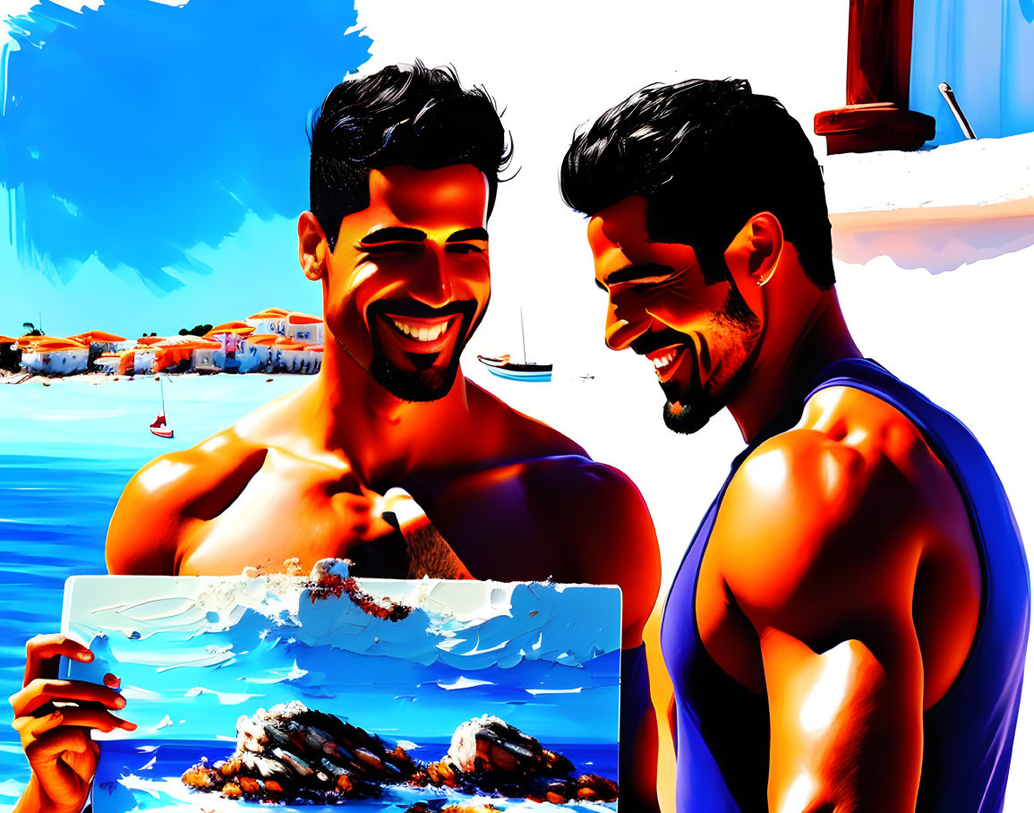 Two men smiling with painting in front of bright blue seaside.