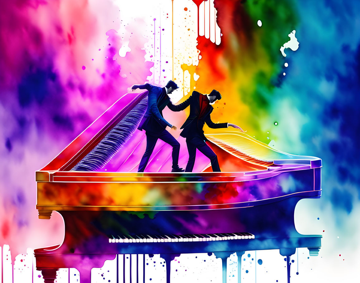 Abstract Piano Art: Colorful Silhouetted Dancers