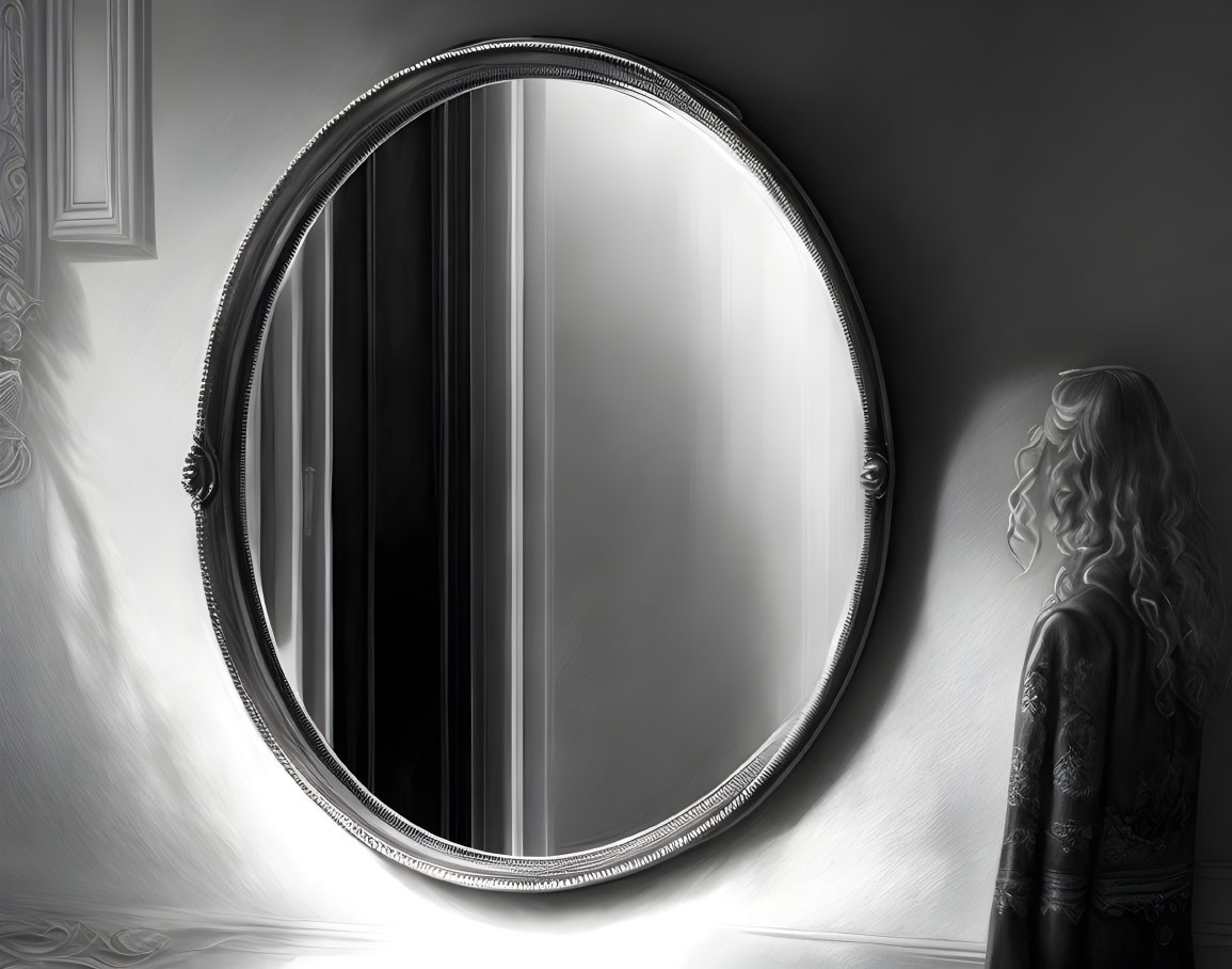 Monochromatic image of woman with wavy hair looking at oval mirror