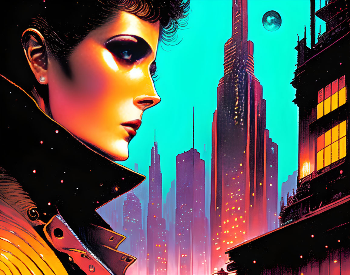 Stylized portrait of woman with dramatic makeup against neon-lit skyline