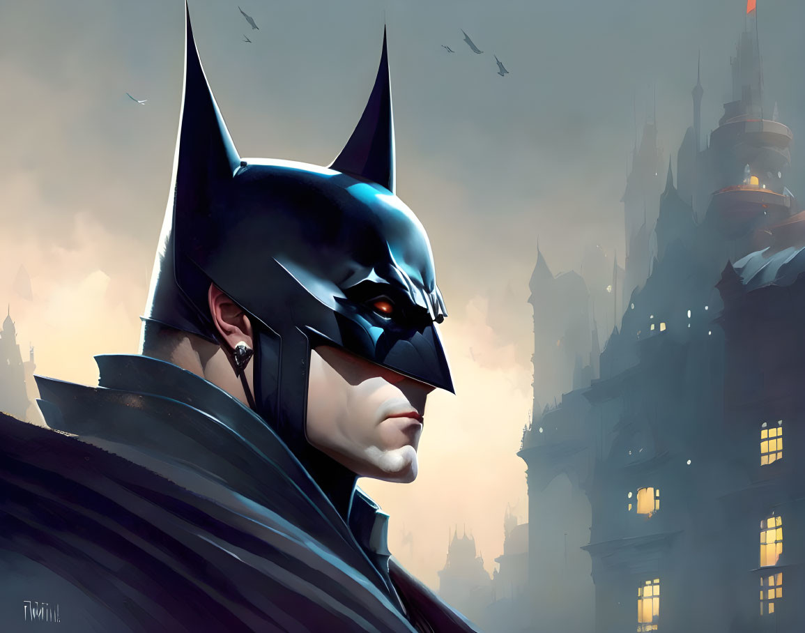 Sharp-cowled Batman illustration against gloomy Gotham City.